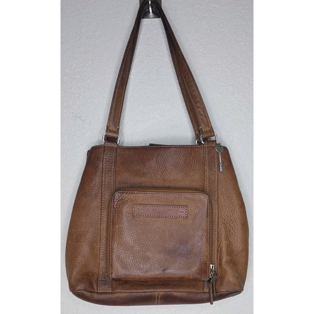 Vintage Fossil Brown Pebbled Leather Handbag Satchel Purse Tote Pockets Zip Boho